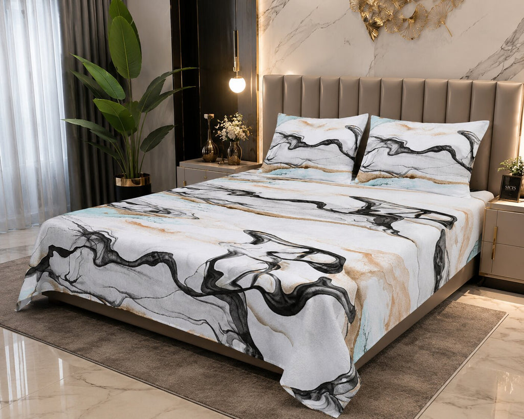 Jet Stone Current Double Bedsheet | Premium Marble Art Cotton Bedsheet with 2 Pillow Covers