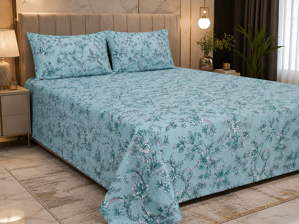 Cyan Ivy Trellis Double Bedsheet | Premium Floral Cotton Bedsheet with 2 Pillow Covers
