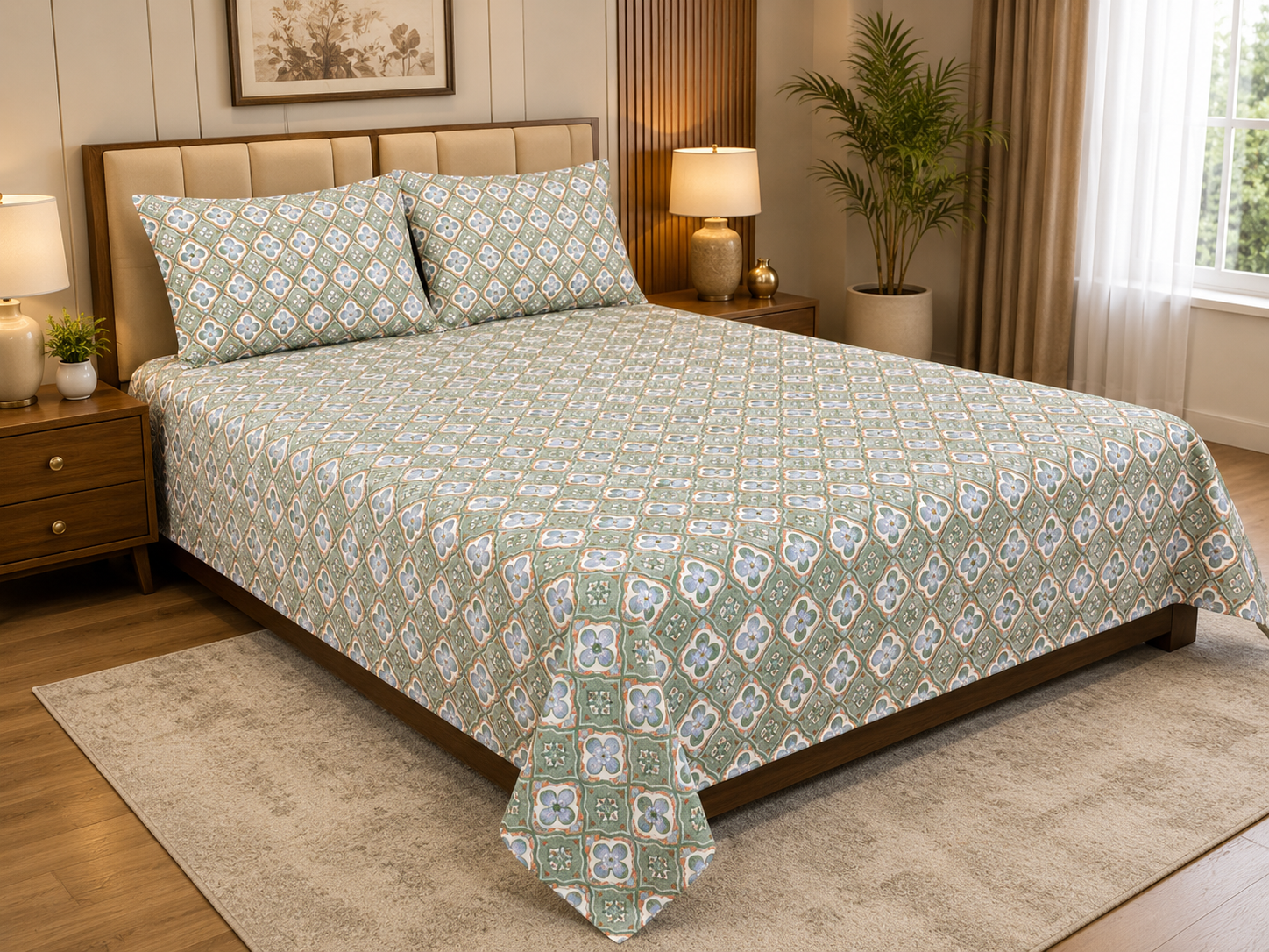 Azure Floral Grid Double Bedsheet