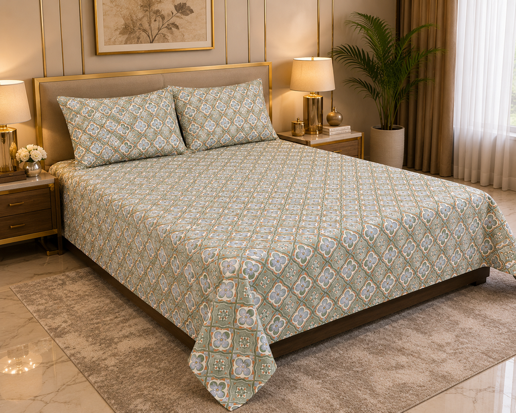 Azure Floral Grid Double Bedsheet