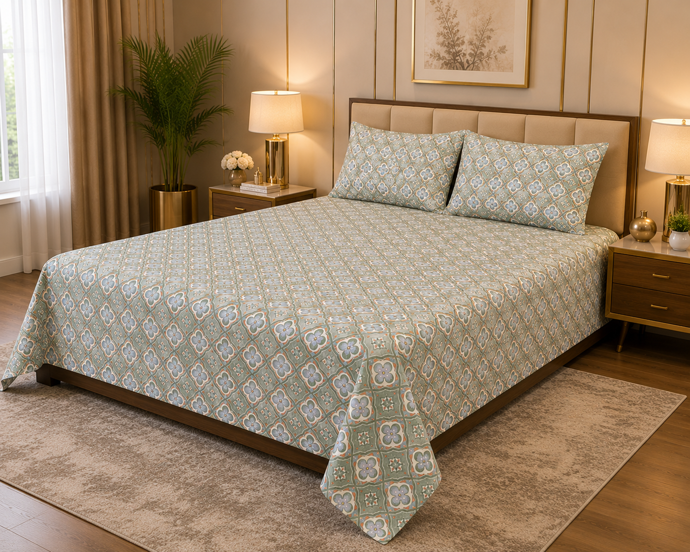 Azure Floral Grid Double Bedsheet