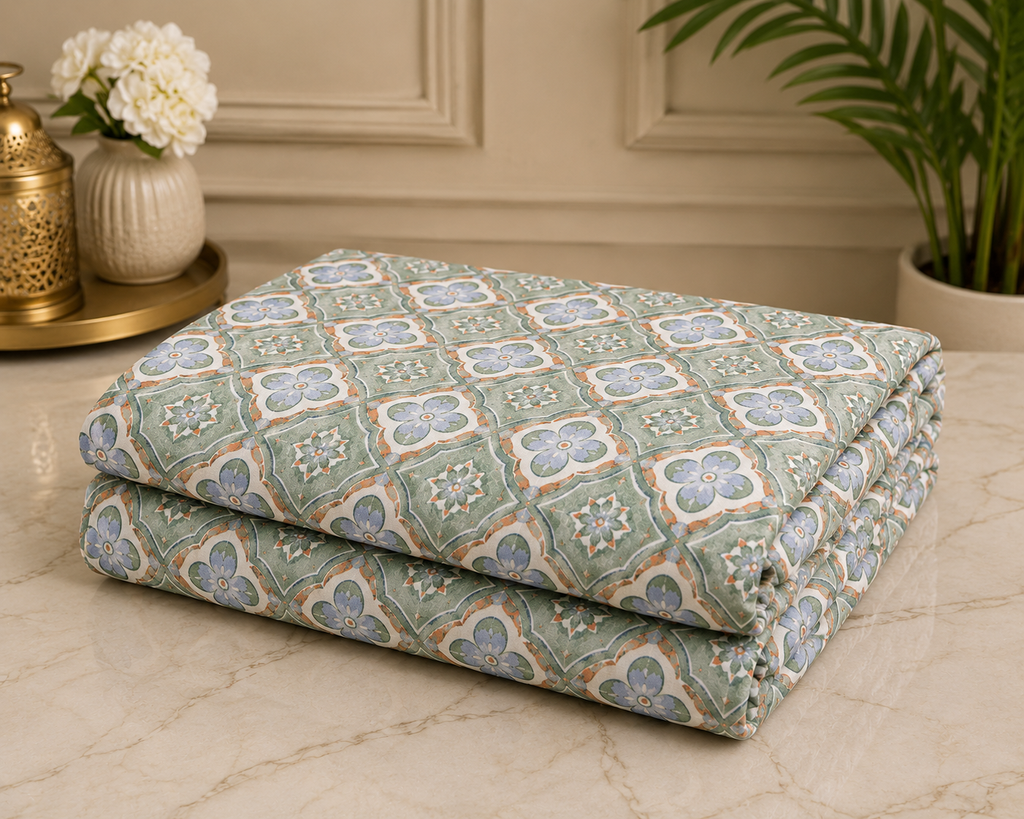 Azure Floral Grid Double Bedsheet