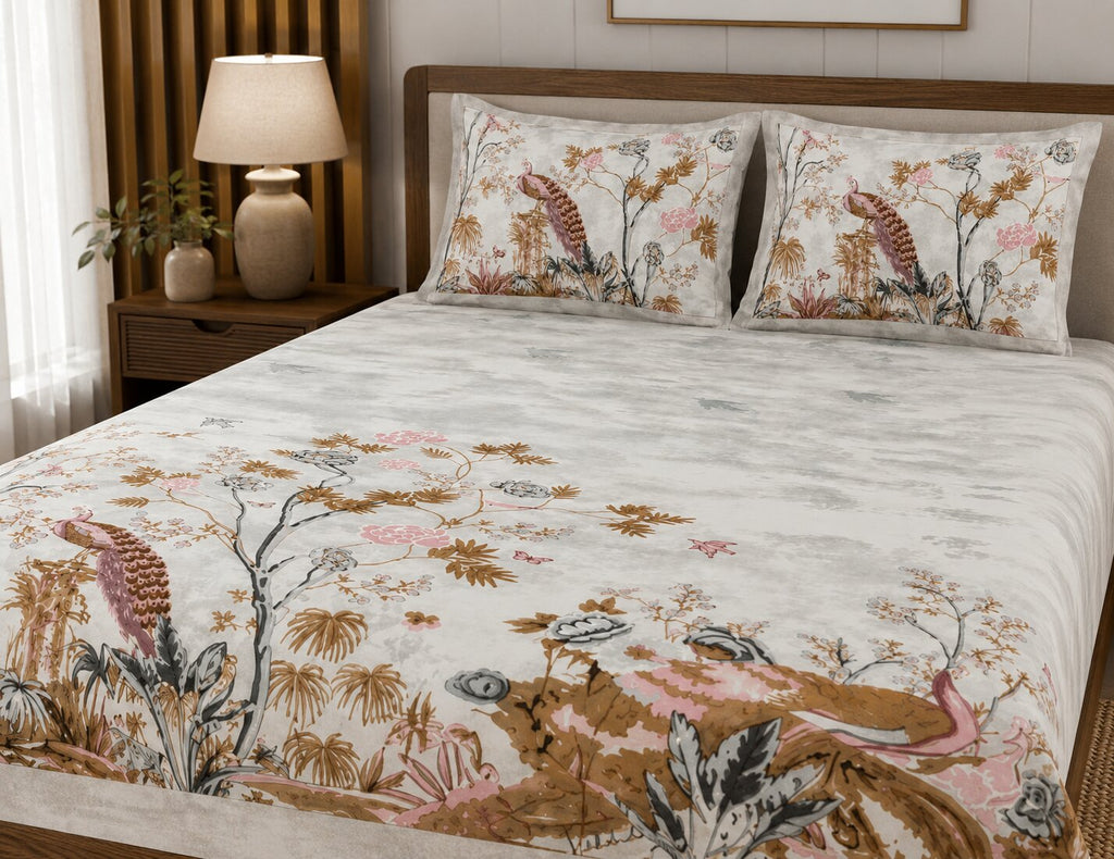 Mayur Mahal Peacock Pearl Grey Double Bedsheet | 180 TC 100% Pure Cotton