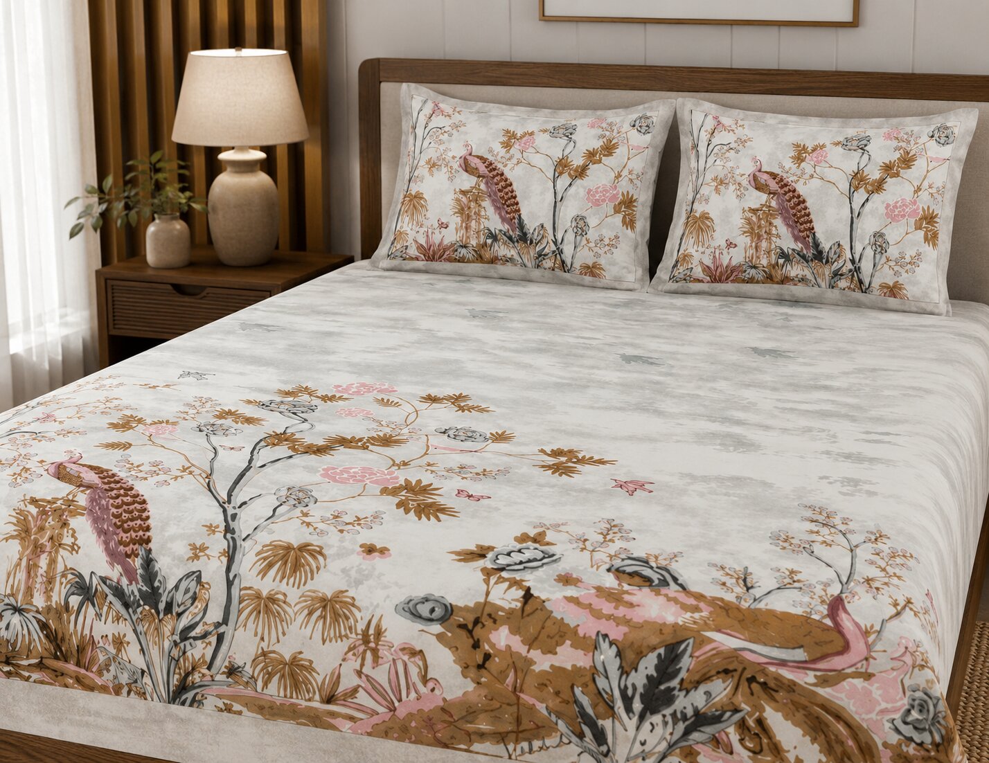 Mayur Mahal Peacock Pearl Grey Double Bedsheet | 180 TC 100% Pure Cotton