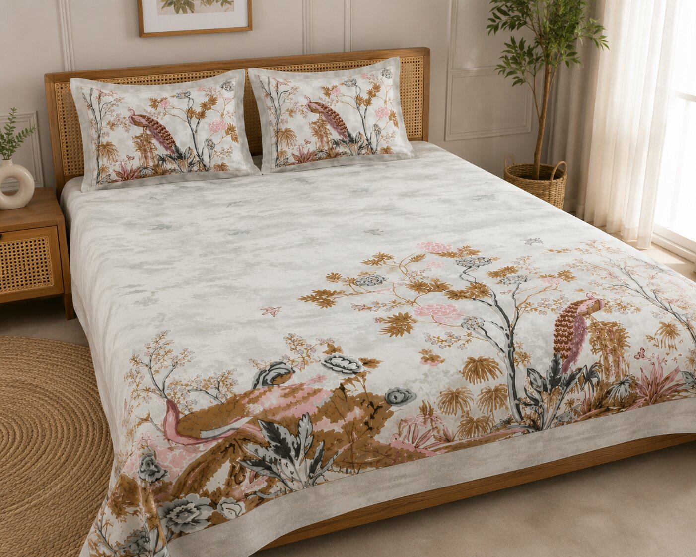 Mayur Mahal Peacock Pearl Grey Double Bedsheet | 180 TC 100% Pure Cotton