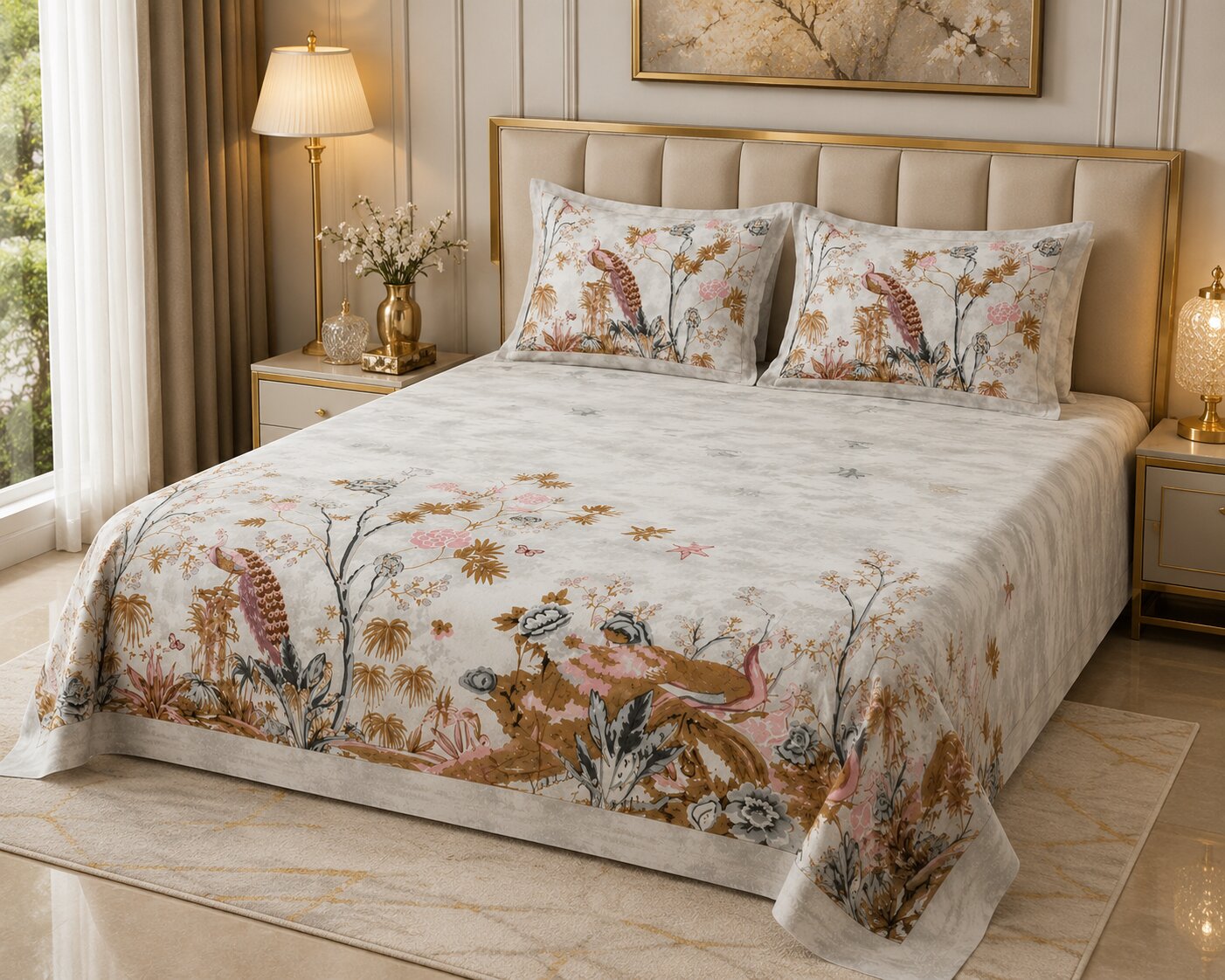 Mayur Mahal Peacock Pearl Grey Double Bedsheet | 180 TC 100% Pure Cotton