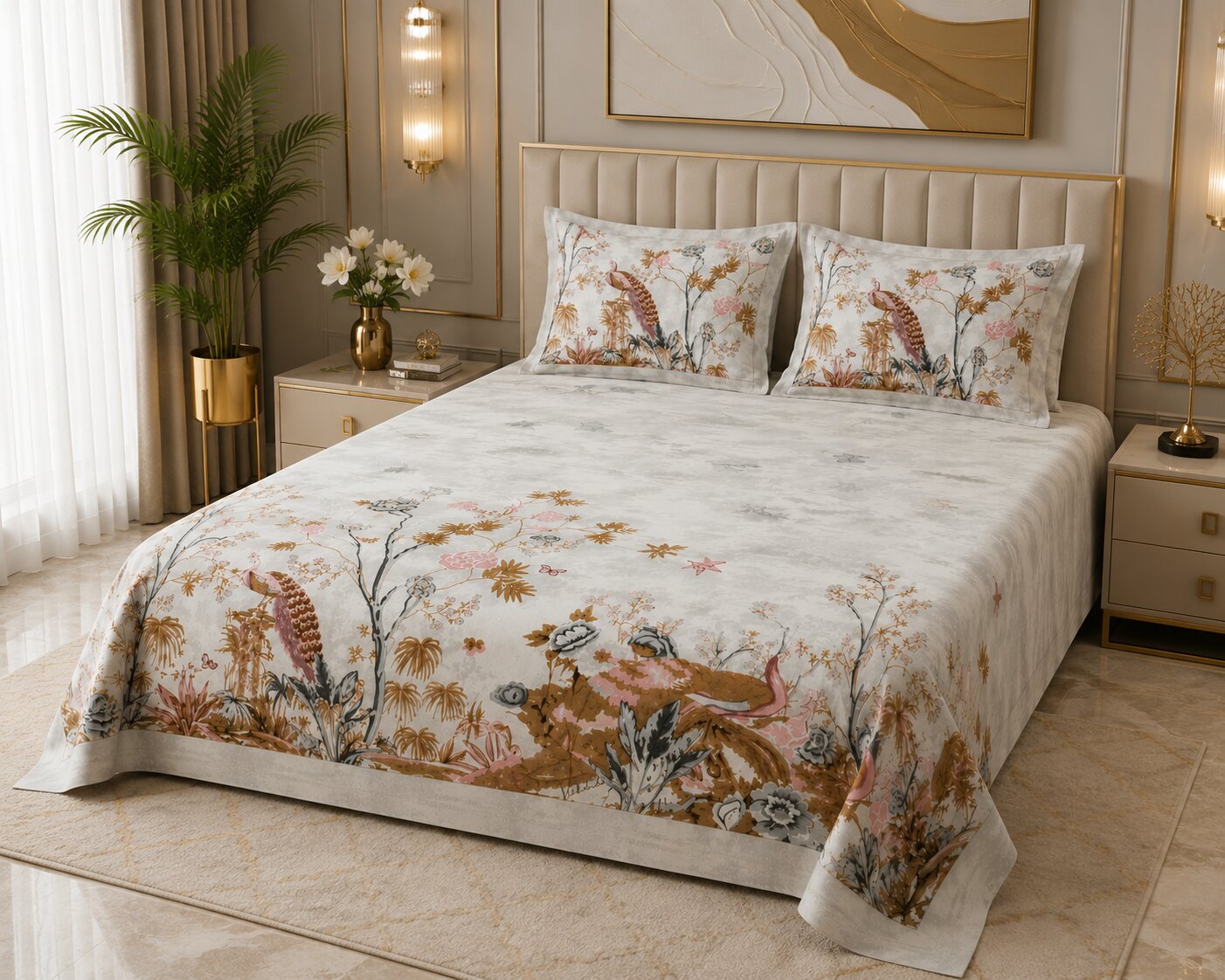 Mayur Mahal Peacock Pearl Grey Double Bedsheet | 180 TC 100% Pure Cotton