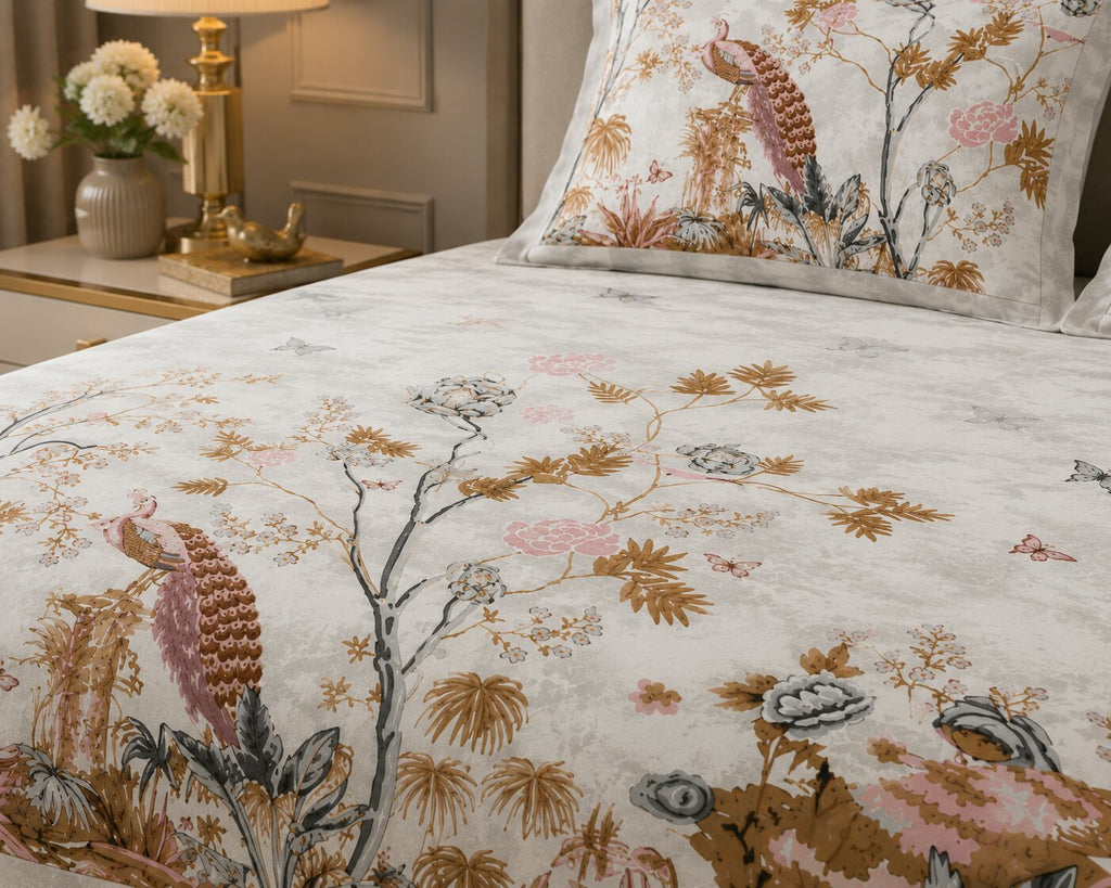 Mayur Mahal Peacock Pearl Grey Double Bedsheet | 180 TC 100% Pure Cotton