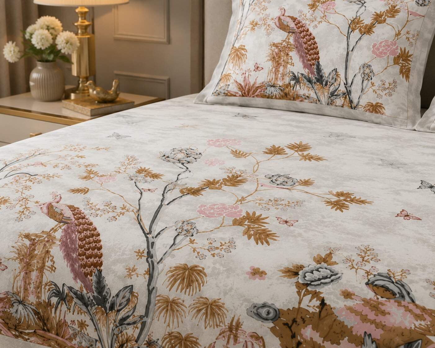 Mayur Mahal Peacock Pearl Grey Double Bedsheet | 180 TC 100% Pure Cotton