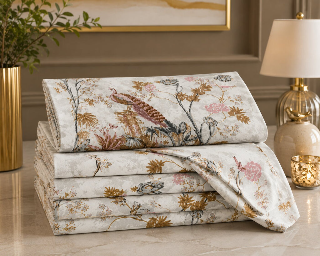 Mayur Mahal Peacock Pearl Grey Double Bedsheet | 180 TC 100% Pure Cotton