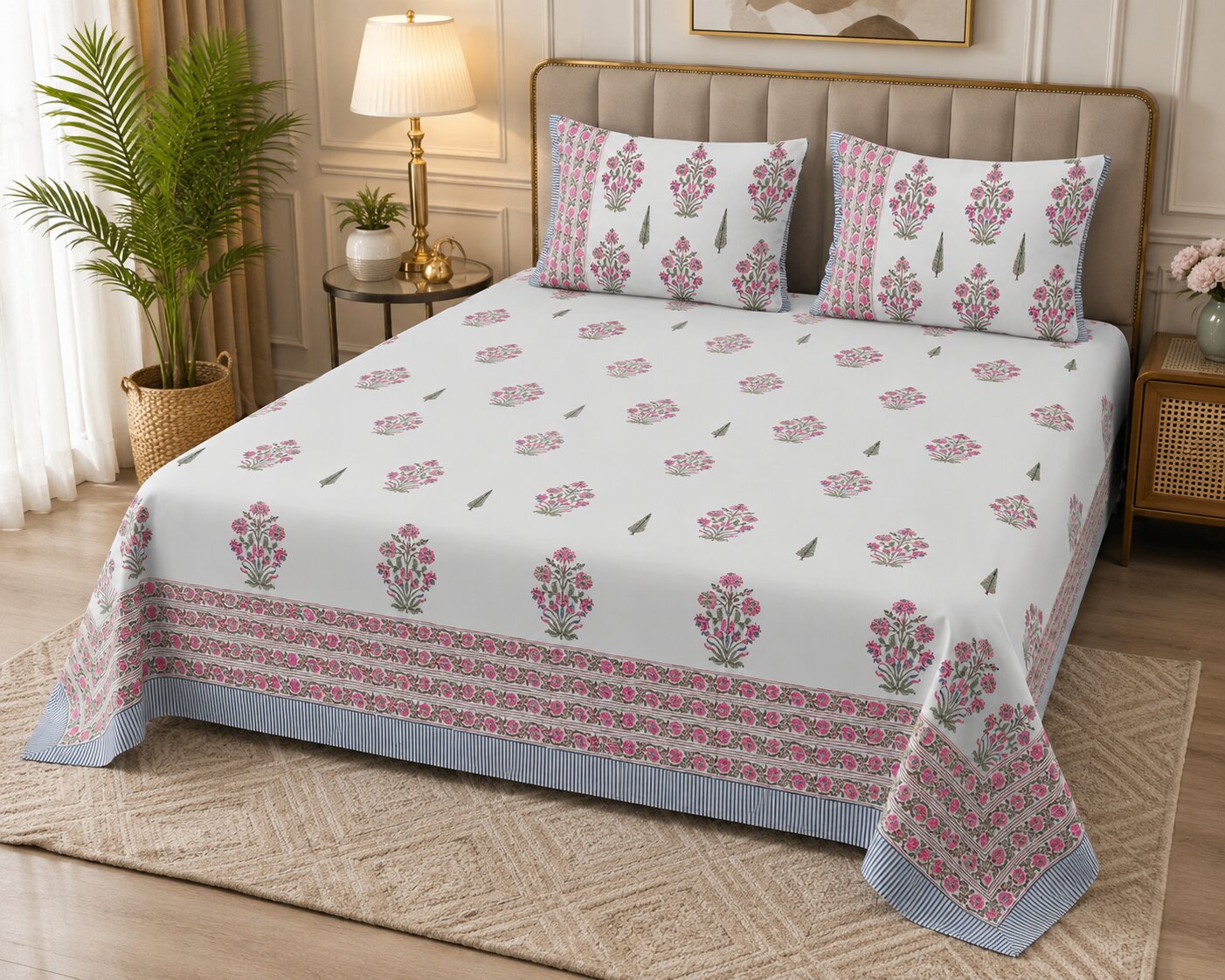Ice Blue Base Magenta Floral Bouquet Hand Block Print King Size Bedsheet | 400 TC 100% Pure Cotton