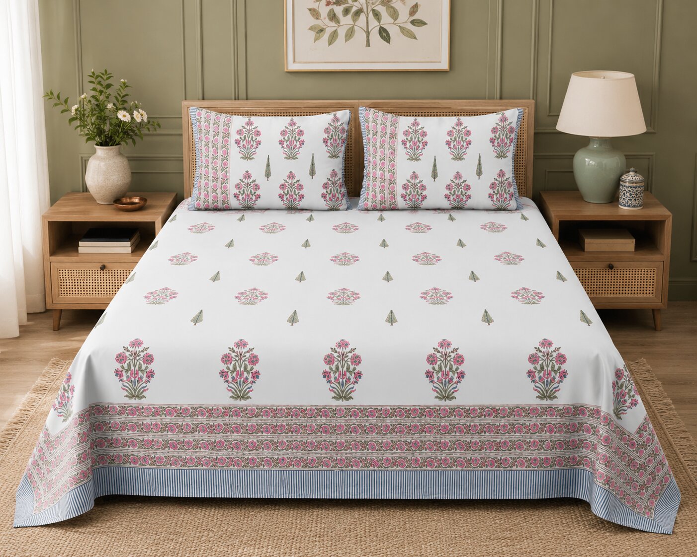 Ice Blue Base Magenta Floral Bouquet Hand Block Print King Size Bedsheet | 400 TC 100% Pure Cotton