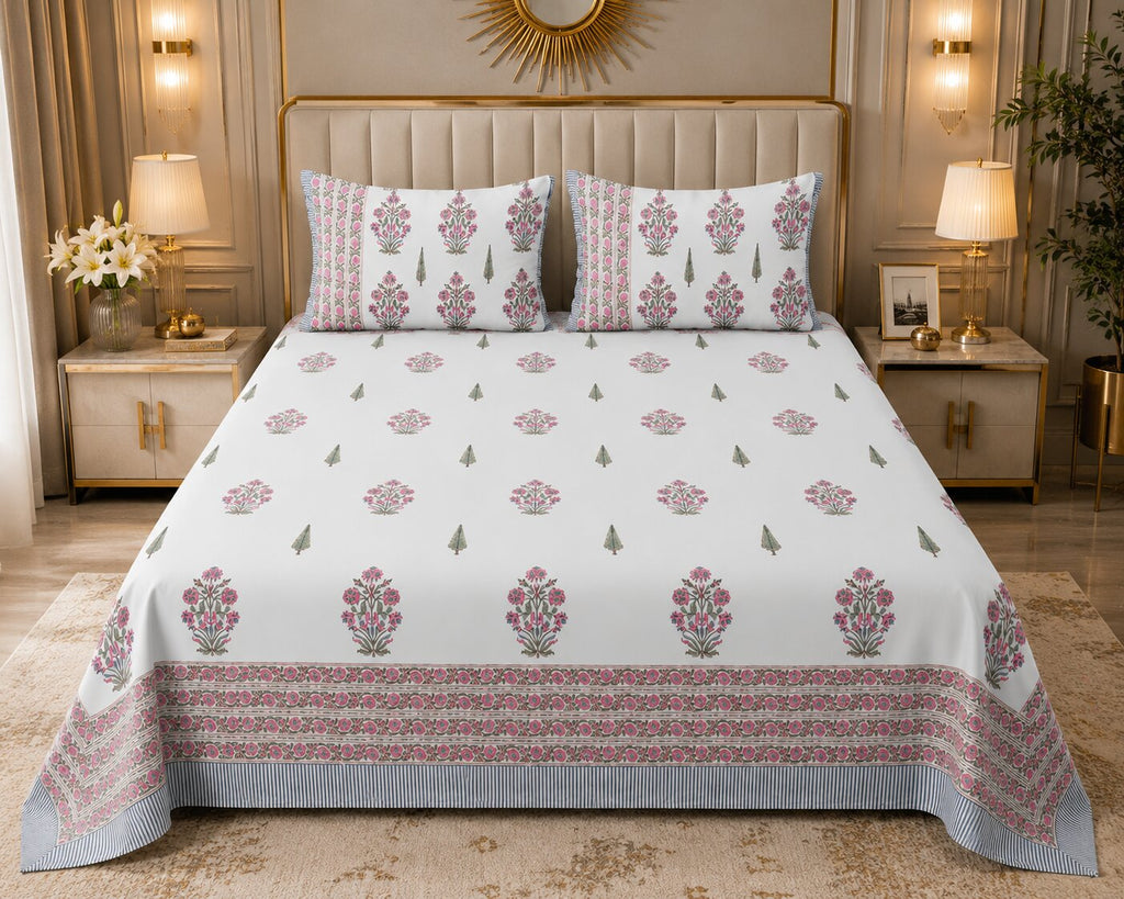 Ice Blue Base Magenta Floral Bouquet Hand Block Print King Size Bedsheet | 400 TC 100% Pure Cotton