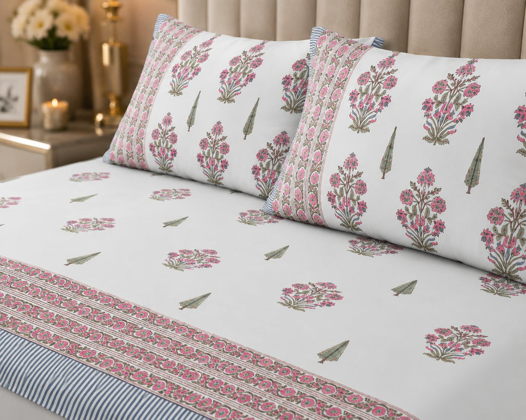 Ice Blue Base Magenta Floral Bouquet Hand Block Print King Size Bedsheet | 400 TC 100% Pure Cotton