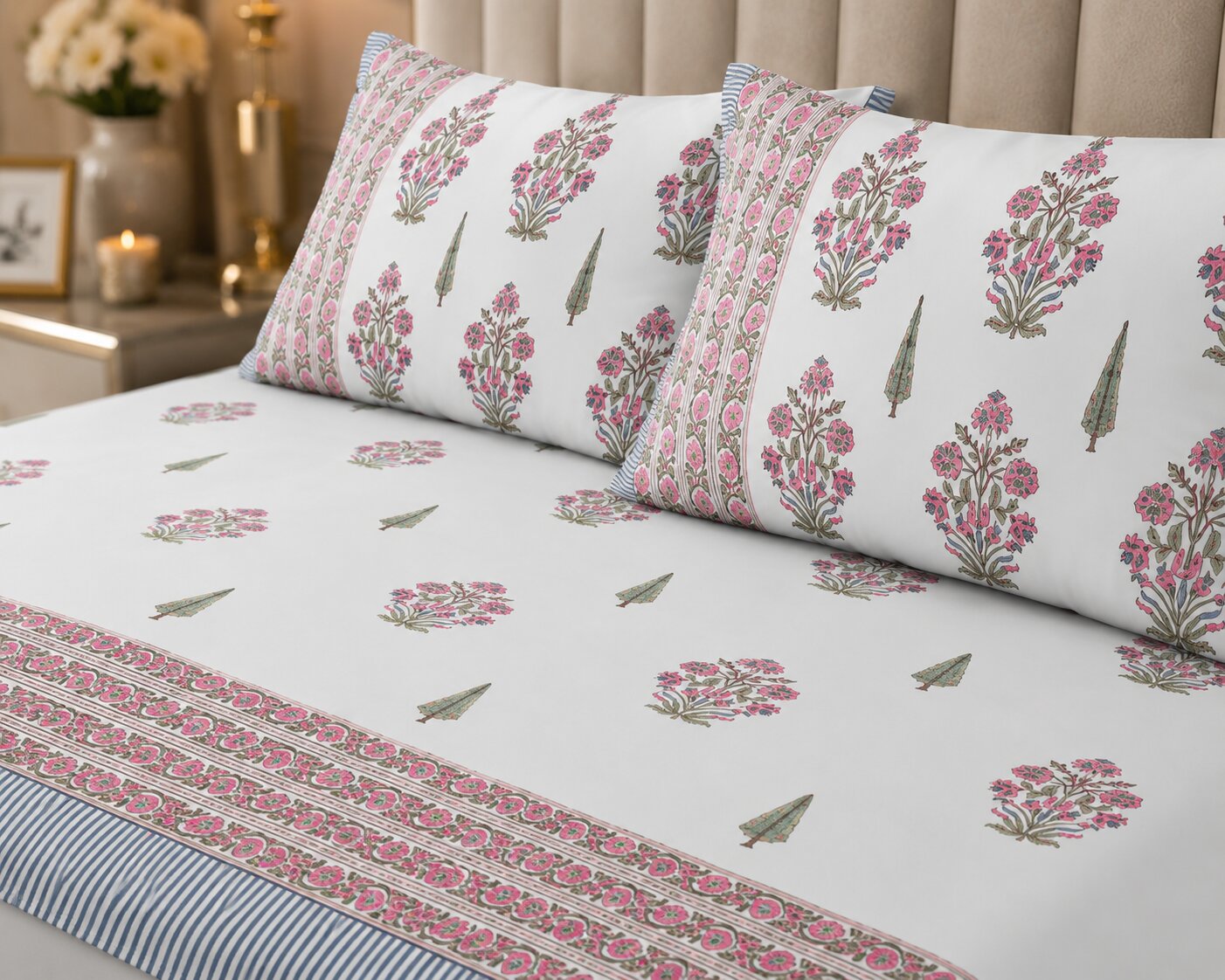 Ice Blue Base Magenta Floral Bouquet Hand Block Print King Size Bedsheet | 400 TC 100% Pure Cotton
