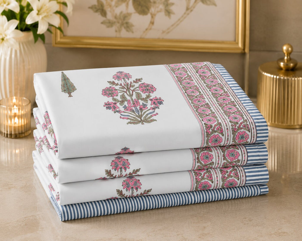 Ice Blue Base Magenta Floral Bouquet Hand Block Print King Size Bedsheet | 400 TC 100% Pure Cotton