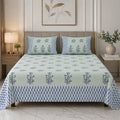 Sage Green & Deep Blue Floral Hand Block Print King Size Bedsheet | 400 TC 100% Pure Cotton | Set of 3