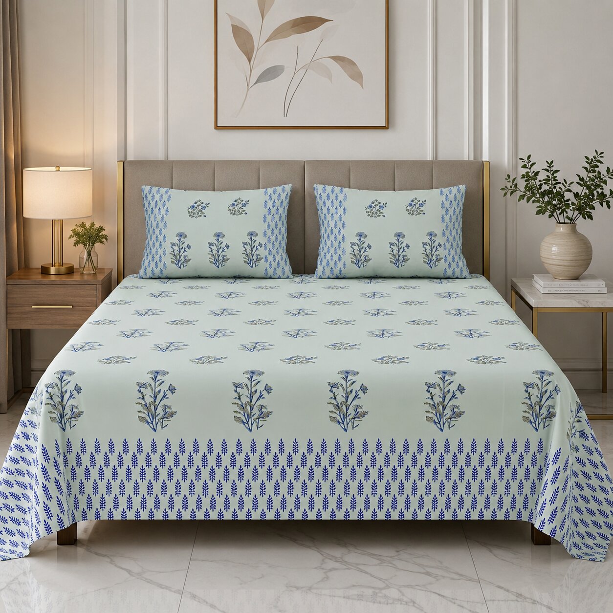 Sage Green & Deep Blue Floral Hand Block Print King Size Bedsheet | 400 TC 100% Pure Cotton | Set of 3