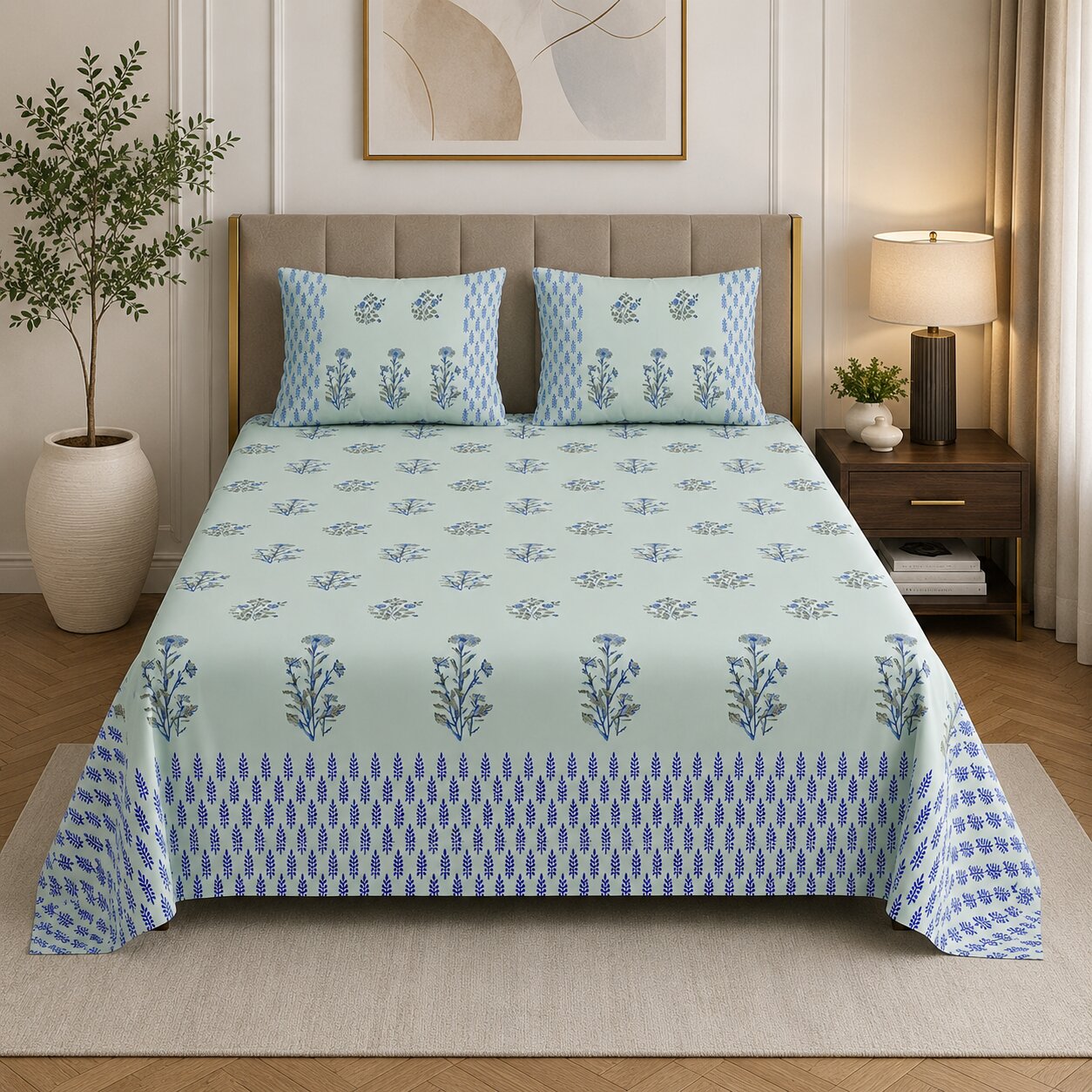 Sage Green & Deep Blue Floral Hand Block Print King Size Bedsheet | 400 TC 100% Pure Cotton | Set of 3