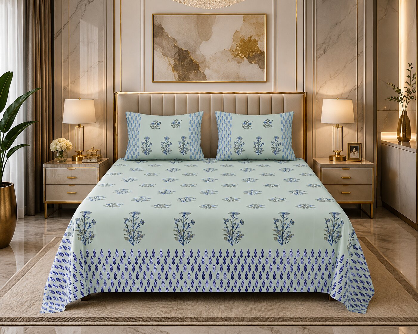 Sage Green & Deep Blue Floral Hand Block Print King Size Bedsheet | 400 TC 100% Pure Cotton | Set of 3