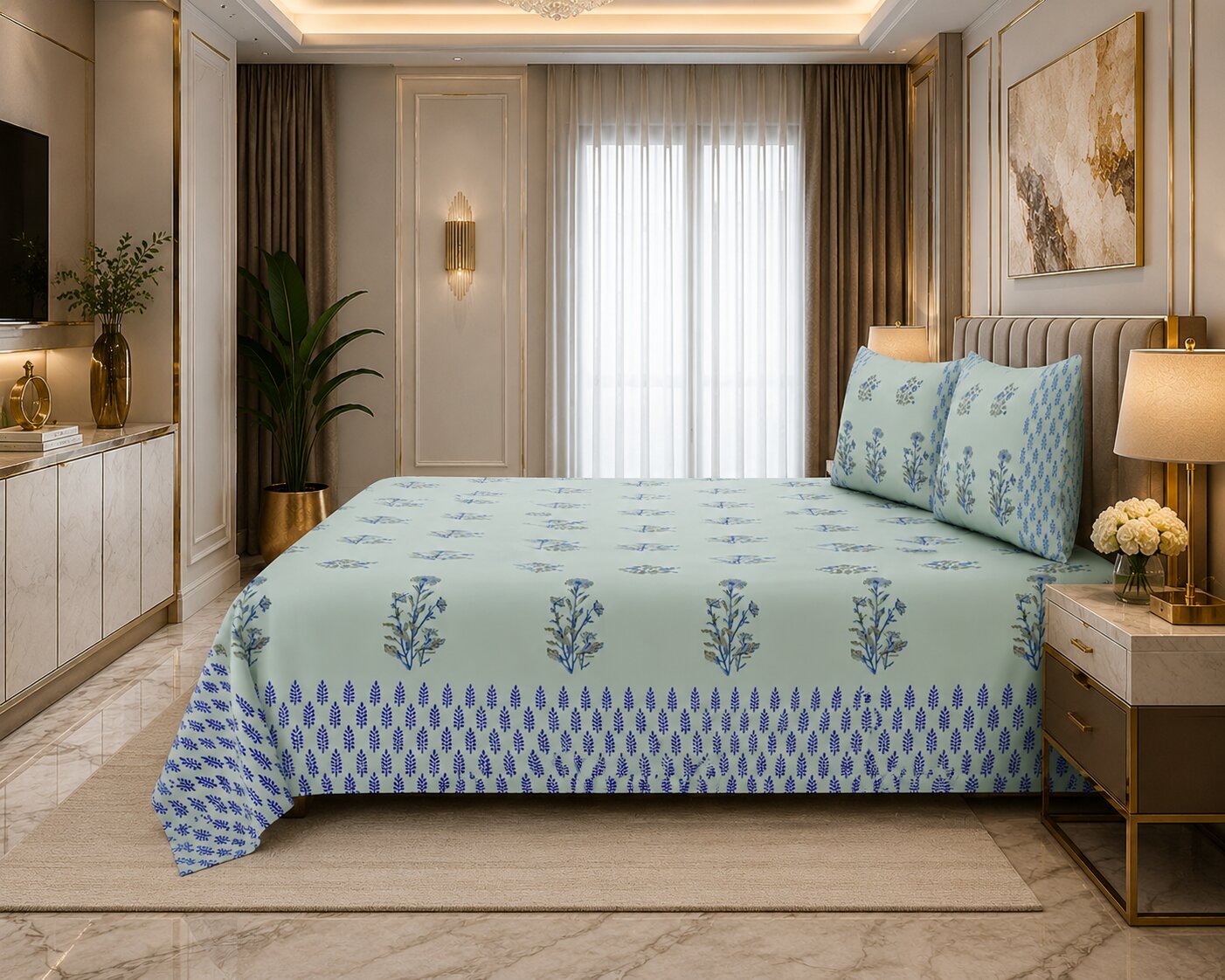 Sage Green & Deep Blue Floral Hand Block Print King Size Bedsheet | 400 TC 100% Pure Cotton | Set of 3