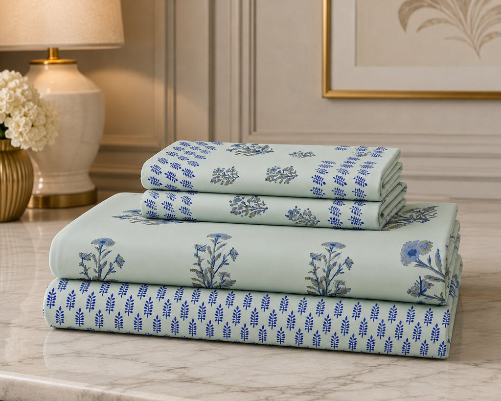 Sage Green & Deep Blue Floral Hand Block Print King Size Bedsheet | 400 TC 100% Pure Cotton | Set of 3