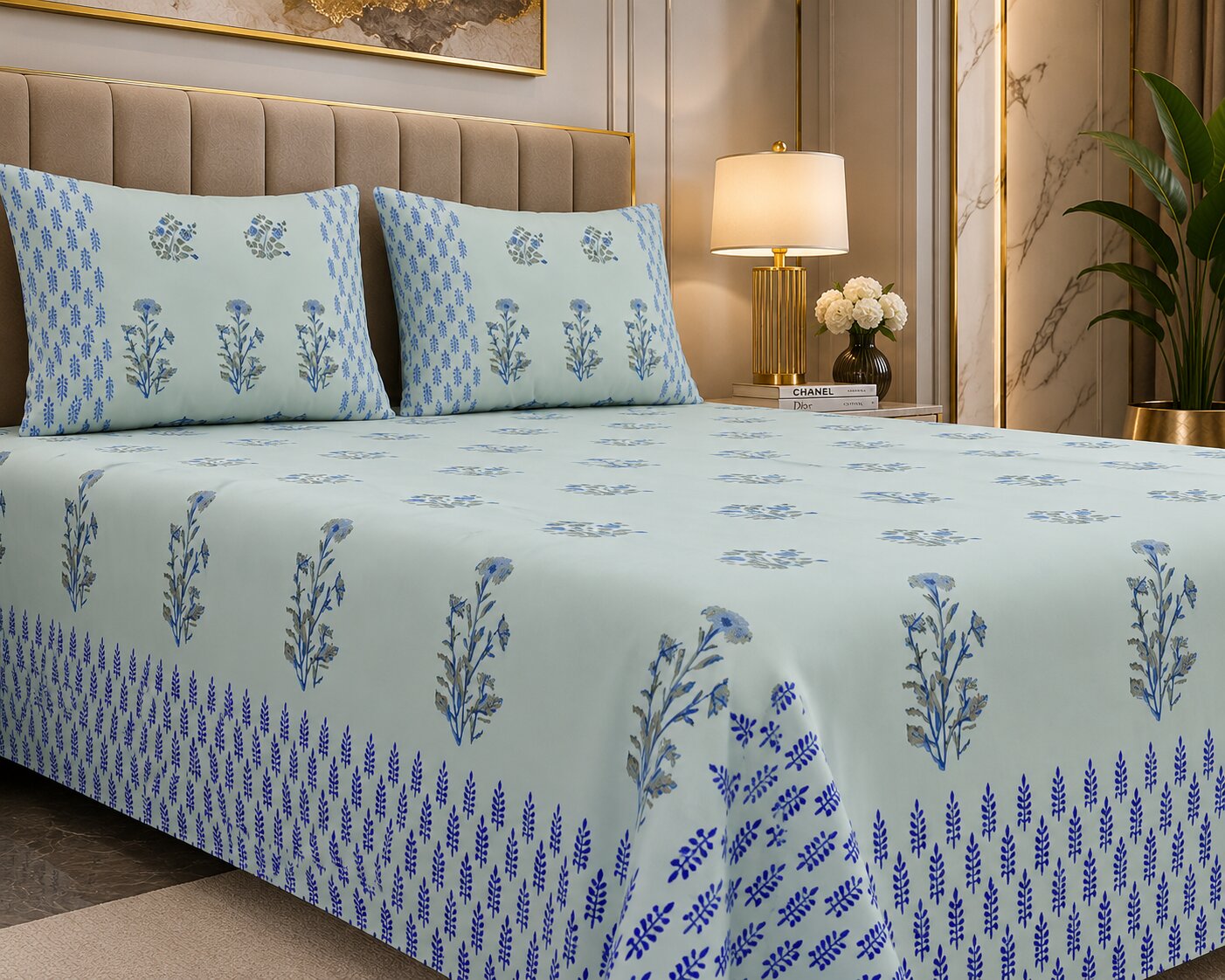 Sage Green & Deep Blue Floral Hand Block Print King Size Bedsheet | 400 TC 100% Pure Cotton | Set of 3