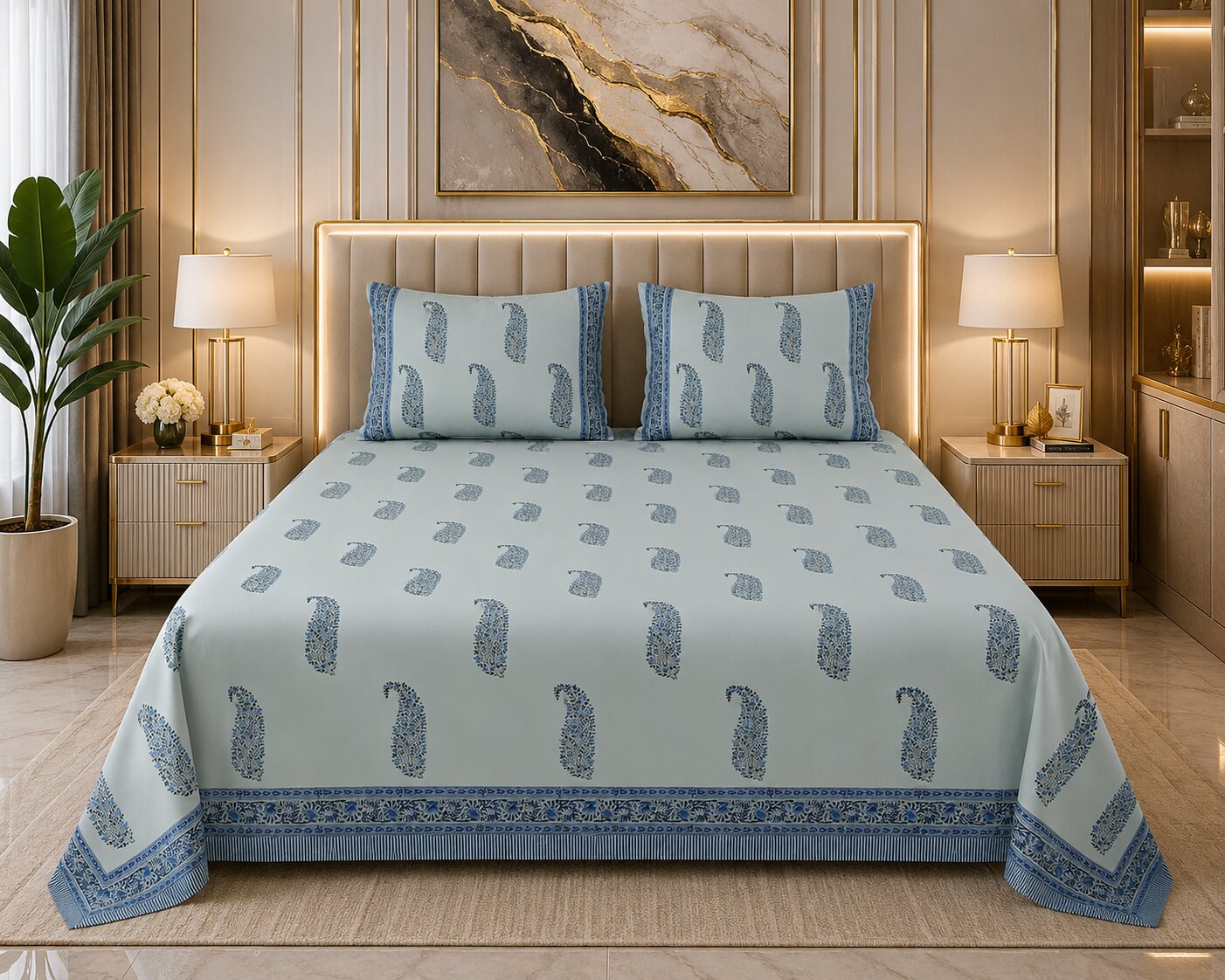 Slate Blue Indigo Paisley Hand Block Print King Size Bedsheet | 400 TC 100% Pure Cotton