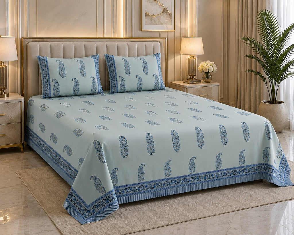 Slate Blue Indigo Paisley Hand Block Print King Size Bedsheet | 400 TC 100% Pure Cotton