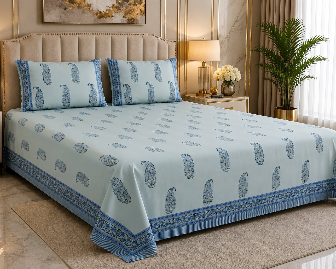 Slate Blue Indigo Paisley Hand Block Print King Size Bedsheet | 400 TC 100% Pure Cotton