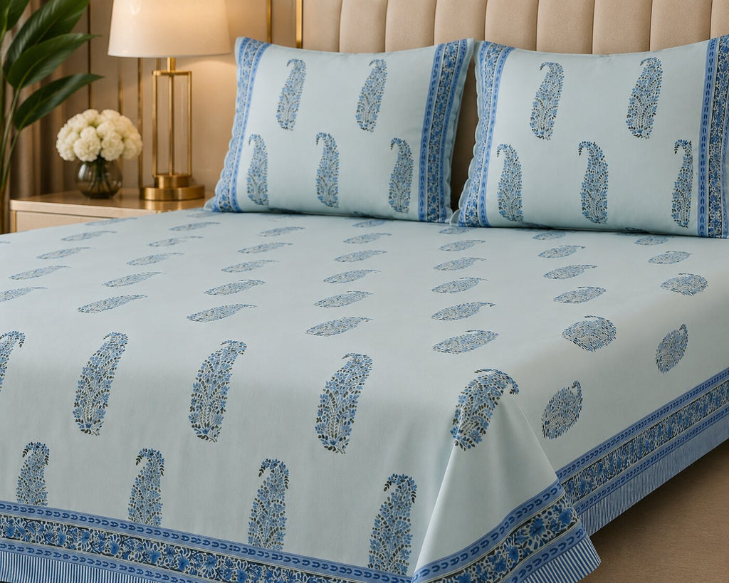 Slate Blue Indigo Paisley Hand Block Print King Size Bedsheet | 400 TC 100% Pure Cotton