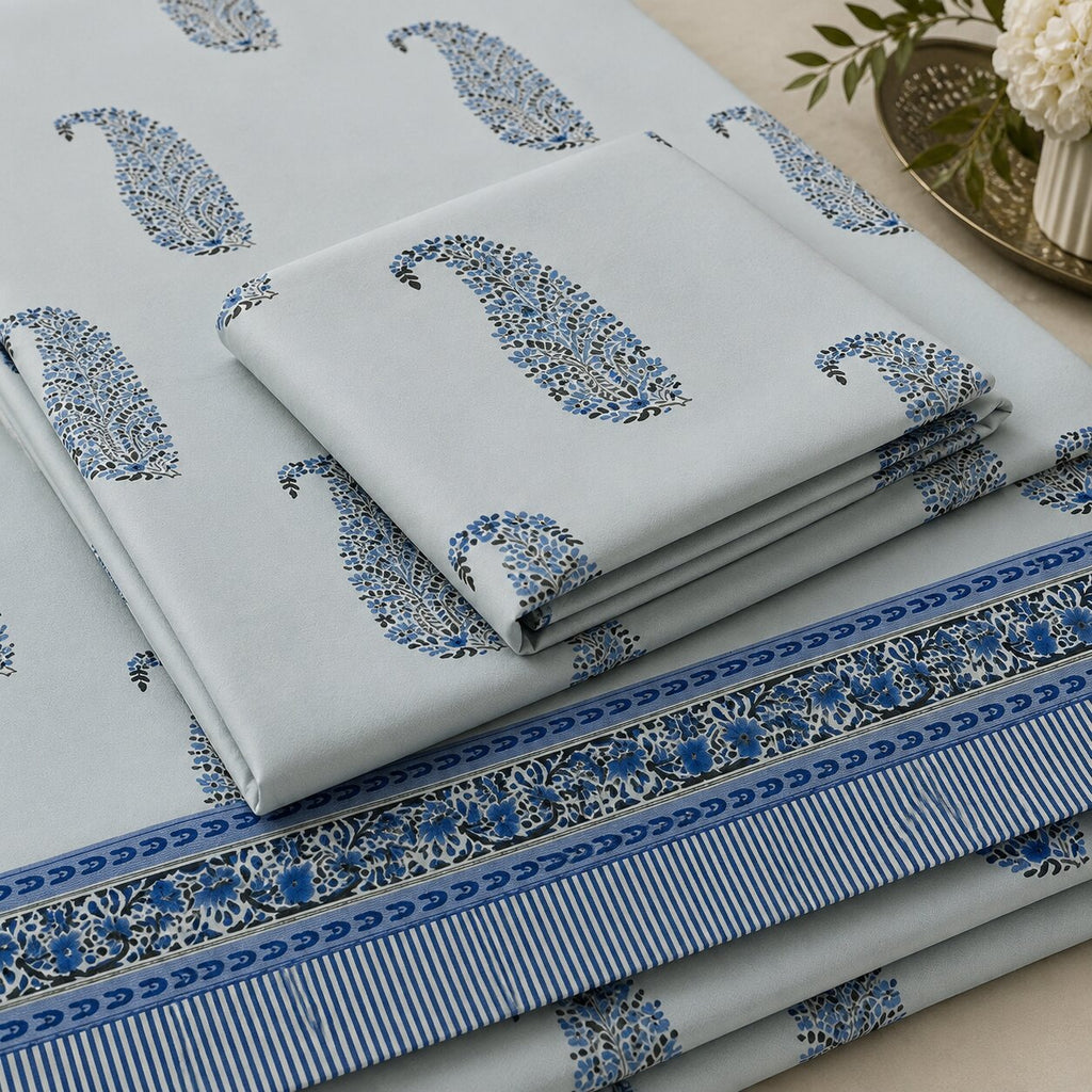 Slate Blue Indigo Paisley Hand Block Print King Size Bedsheet | 400 TC 100% Pure Cotton