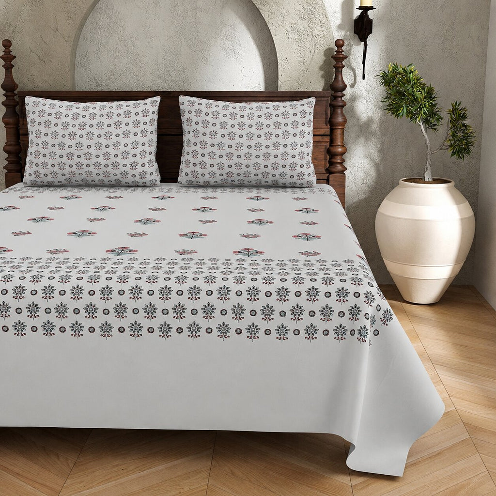 Pearl Grey Base Geometric Floral Hand Block Print 400 TC Pure Cotton King Size Bedsheet