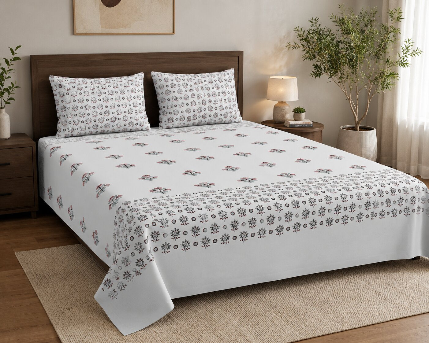 Pearl Grey Base Geometric Floral Hand Block Print 400 TC Pure Cotton King Size Bedsheet