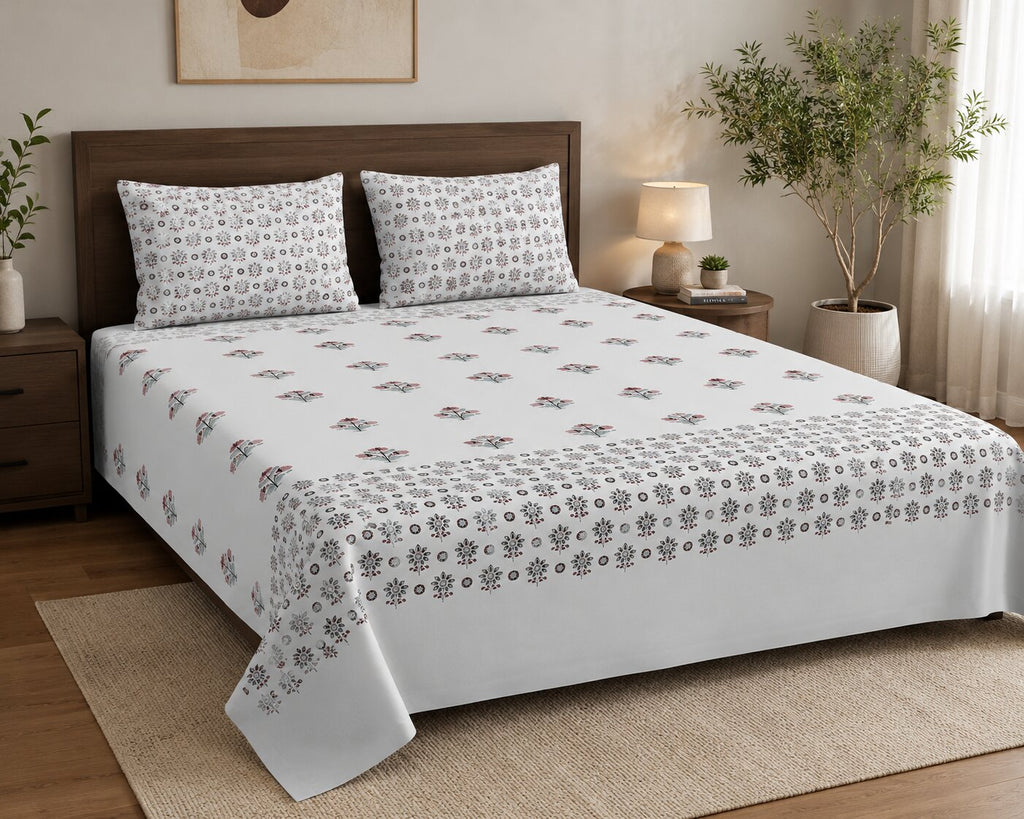Pearl Grey Base Geometric Floral Hand Block Print King Size Bedsheet