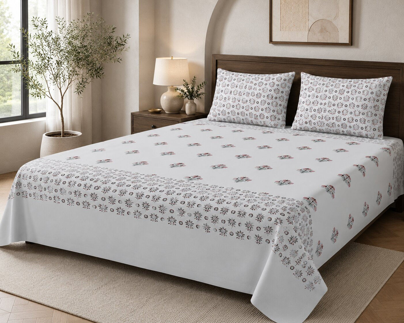 Pearl Grey Base Geometric Floral Hand Block Print 400 TC Pure Cotton King Size Bedsheet