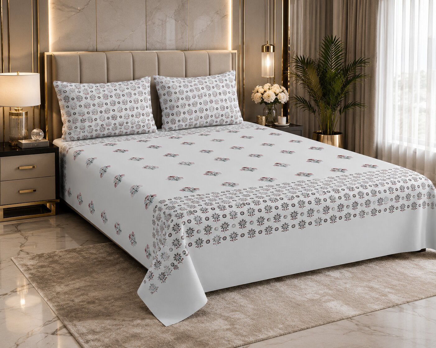 Pearl Grey Base Geometric Floral Hand Block Print 400 TC Pure Cotton King Size Bedsheet