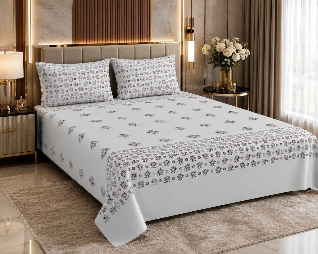 Pearl Grey Base Geometric Floral Hand Block Print 400 TC Pure Cotton King Size Bedsheet