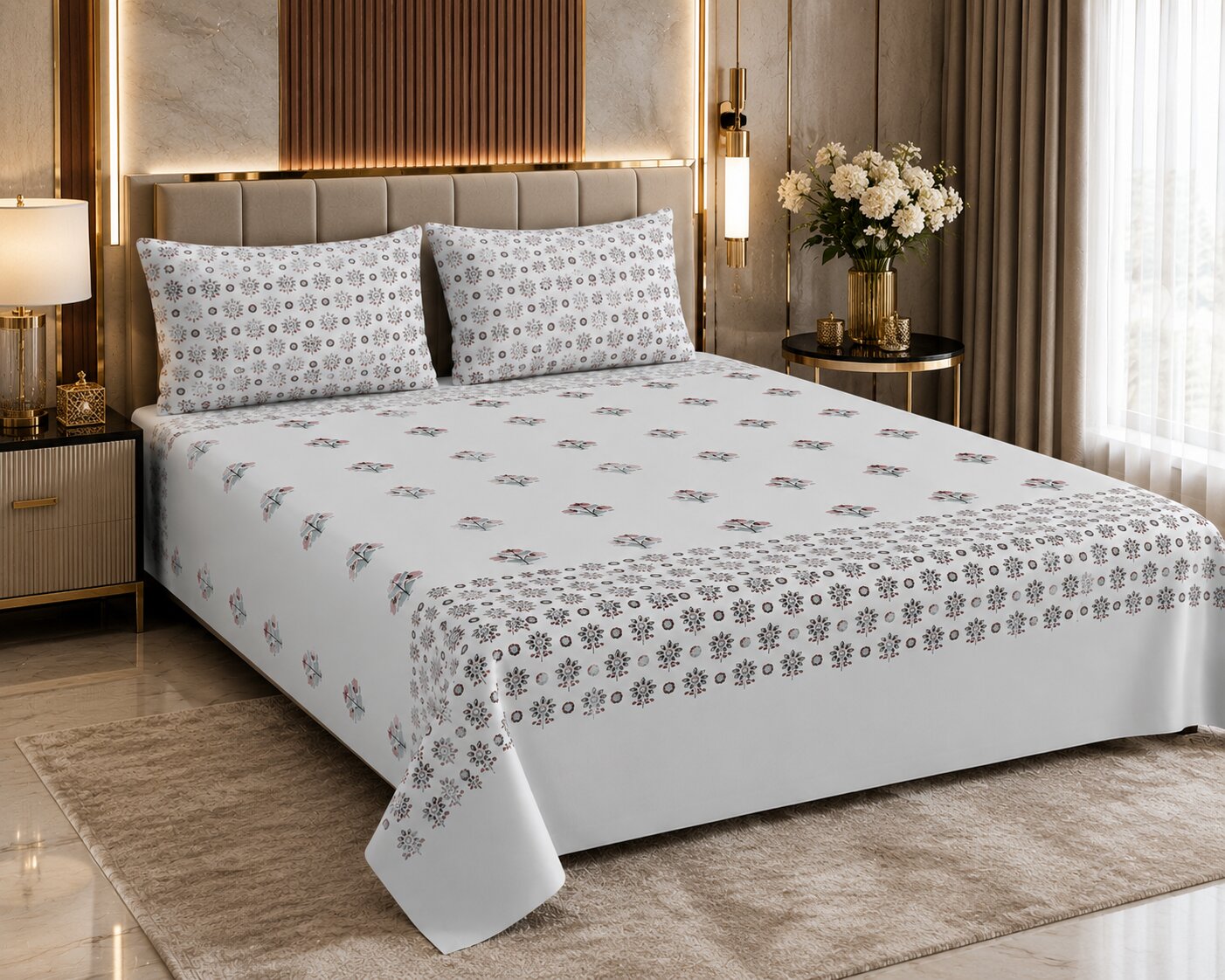 Pearl Grey Base Geometric Floral Hand Block Print 400 TC Pure Cotton King Size Bedsheet