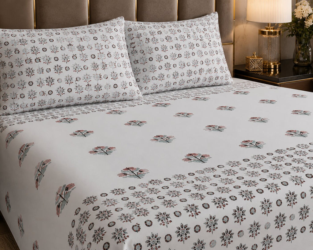 Pearl Grey Base Geometric Floral Hand Block Print 400 TC Pure Cotton King Size Bedsheet