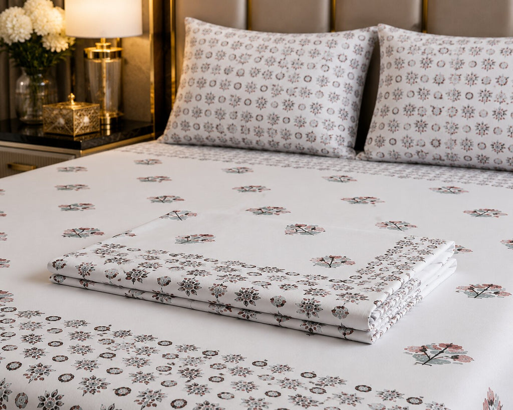 Pearl Grey Base Geometric Floral Hand Block Print 400 TC Pure Cotton King Size Bedsheet