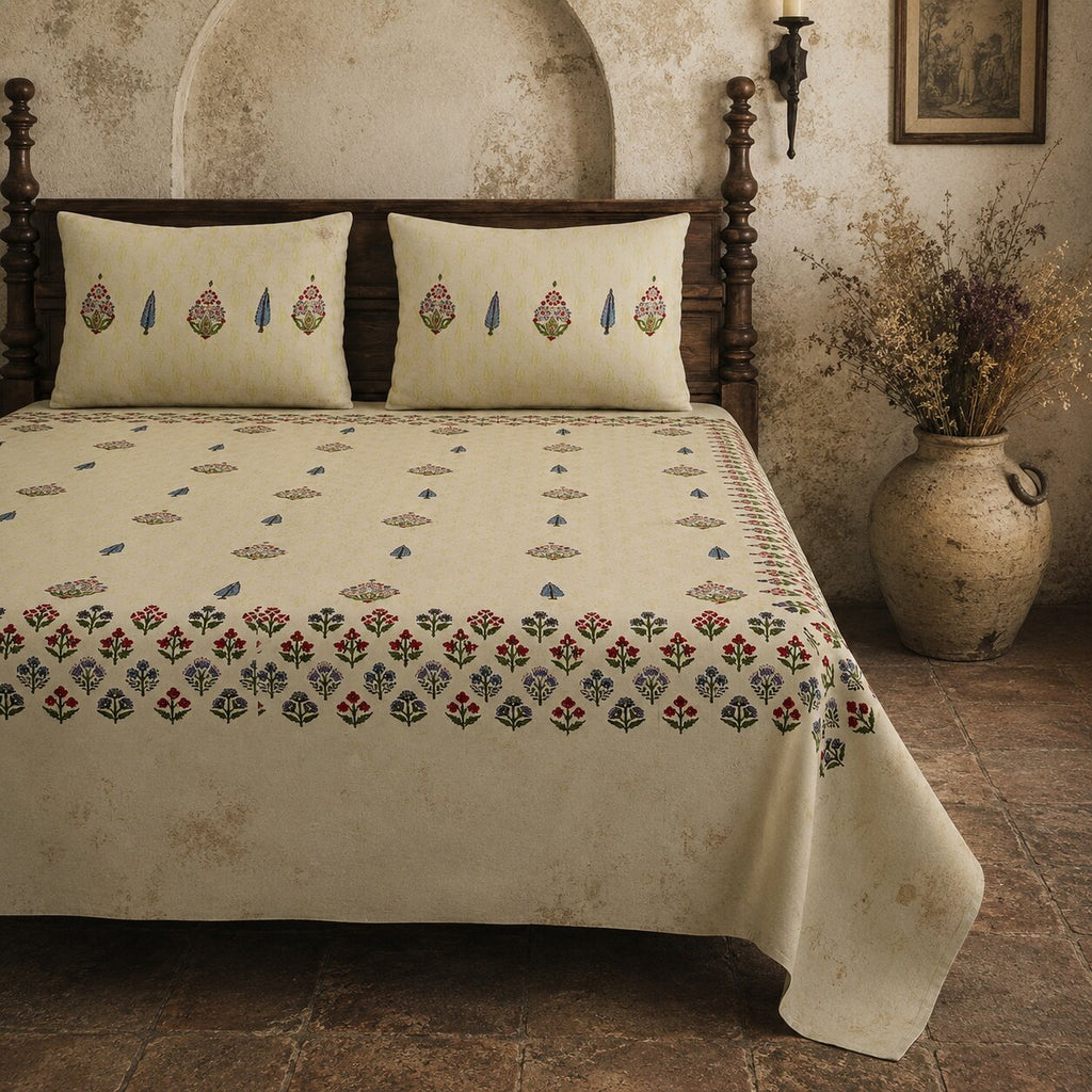 Cream Base Multi-Color Floral Motif Hand Block Print King Size Bedsheet | 100% Pure Cotton
