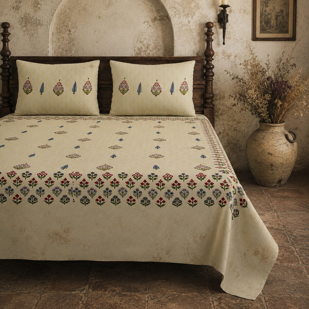 Cream Base Multi-Color Floral Motif Hand Block Print King Size Bedsheet | 100% Pure Cotton