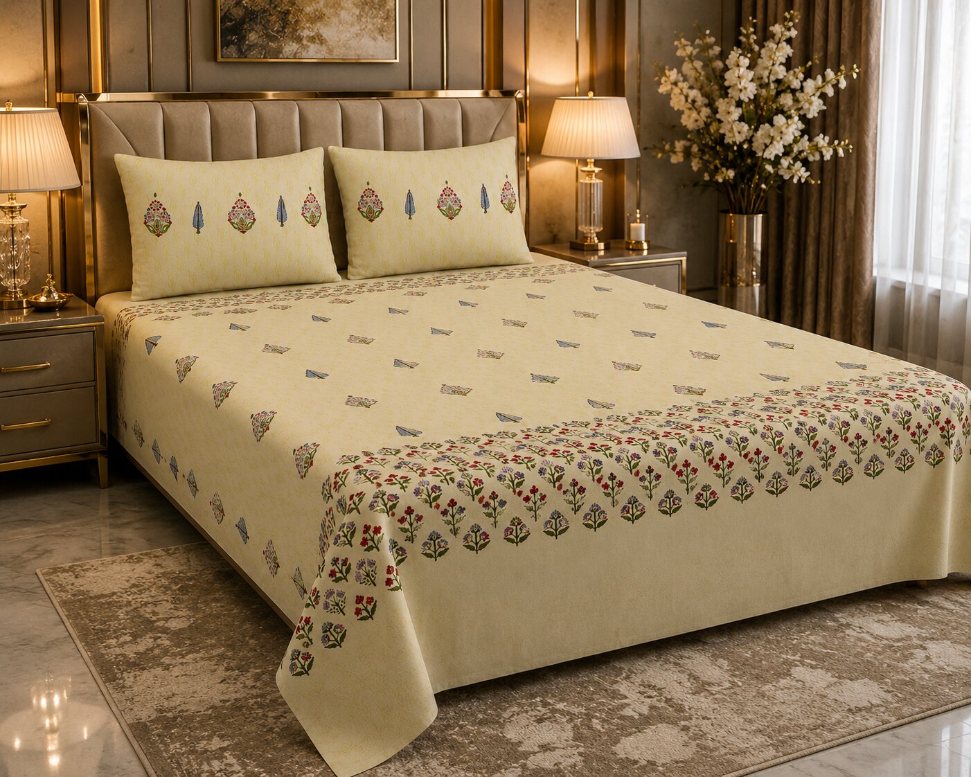 Cream Base Multi-Color Floral Motif Hand Block Print King Size Bedsheet | 100% Pure Cotton