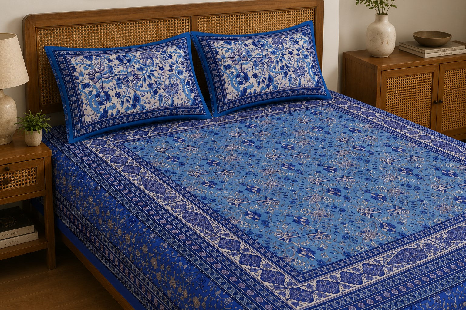 Indigo Blue Classic Royal Buti Pure Cotton King Size Bedsheet