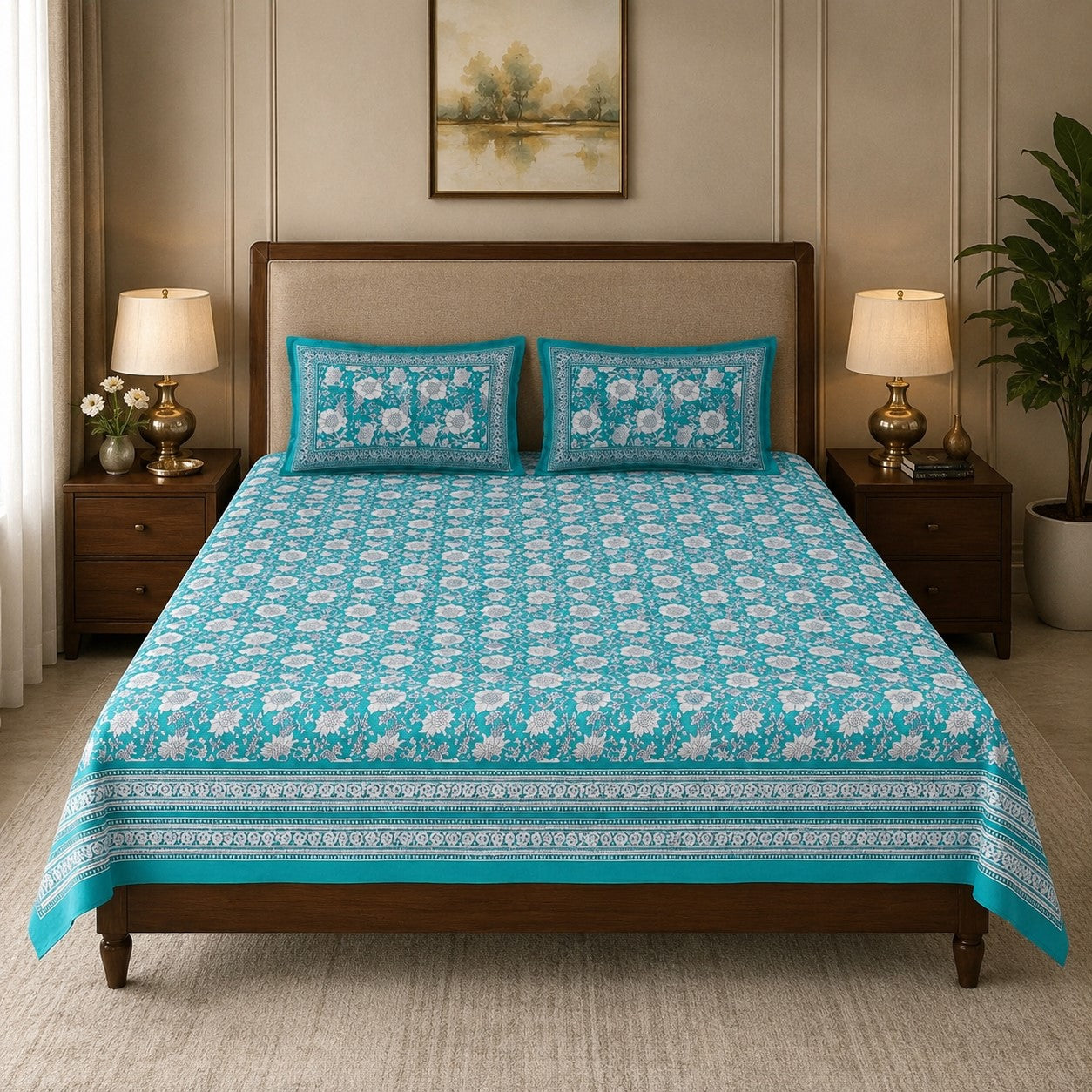 Teal Blue Ethnic Floral Jaal Pure Cotton King Size Bedsheet