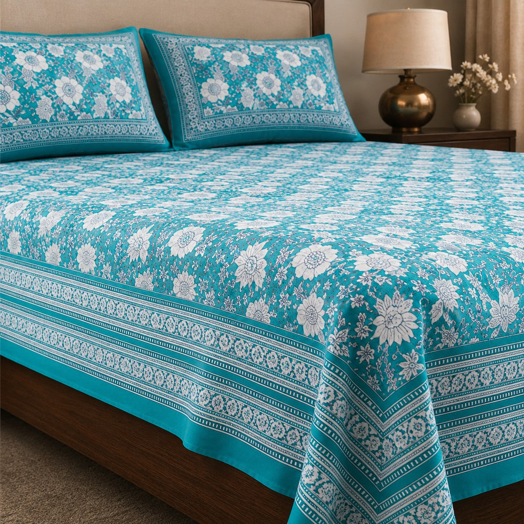 Teal Blue Ethnic Floral Jaal Pure Cotton King Size Bedsheet