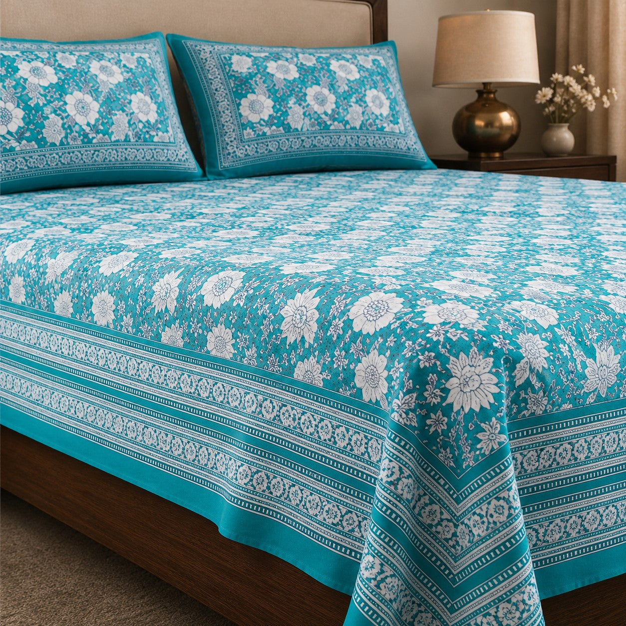 Teal Blue Ethnic Floral Jaal Pure Cotton King Size Bedsheet