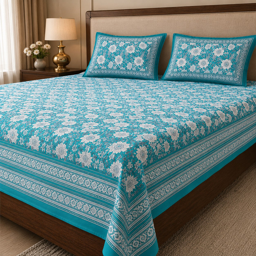 Teal Blue Ethnic Floral Jaal Pure Cotton King Size Bedsheet