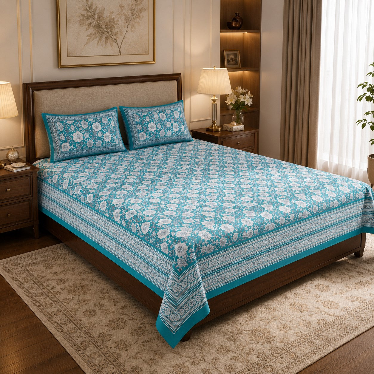 Teal Blue Ethnic Floral Jaal Pure Cotton King Size Bedsheet